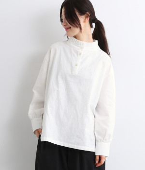 コットンリネンオックス襟フリルブラウス(ホワイト-M)