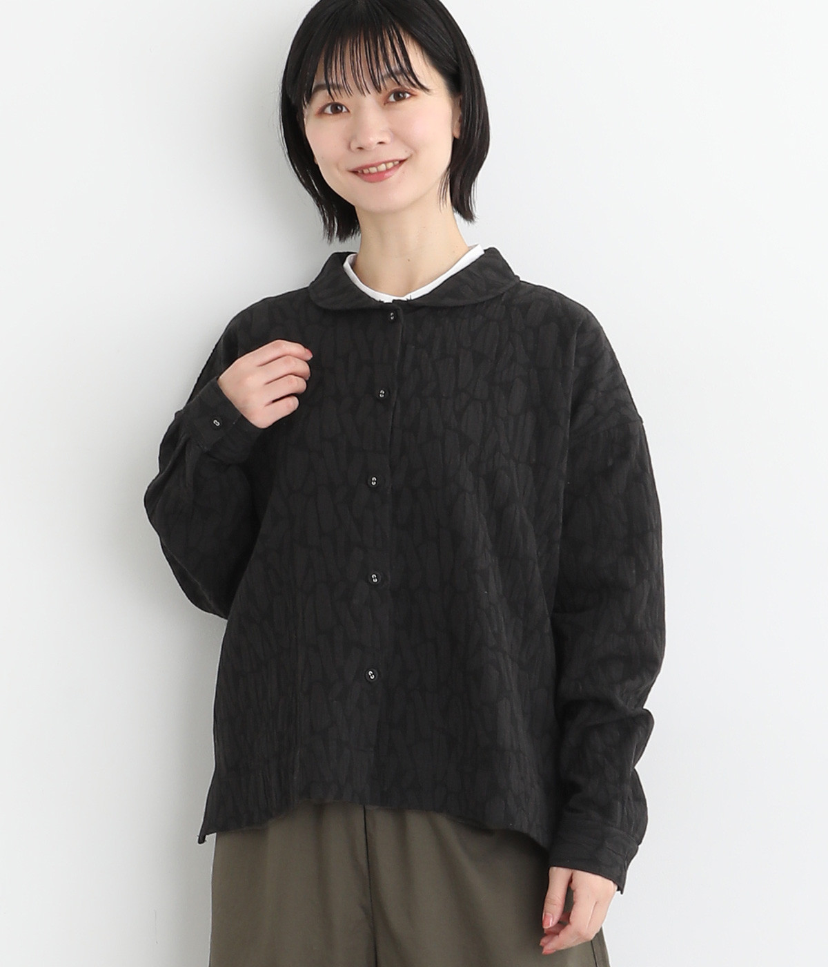 コットンリネンレーヨンジャカードジャケットシャツ(ブラック-M)