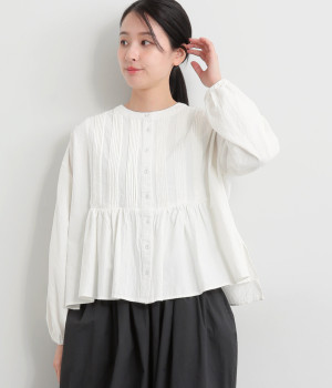 コットン15番ワッシャーピンタックギャザーシャツ(オフホワイト-L)