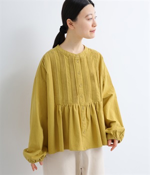 コットン15番ワッシャーピンタックギャザーシャツ(マスタード-L)