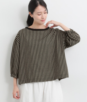 コットンリネン混ストライププルオーバー(ブラック-M)