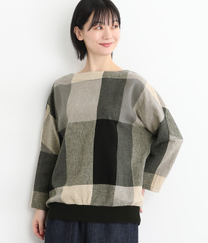 コットンリネンガーゼビッグチェックリブプルオーバー(ブラック-L)