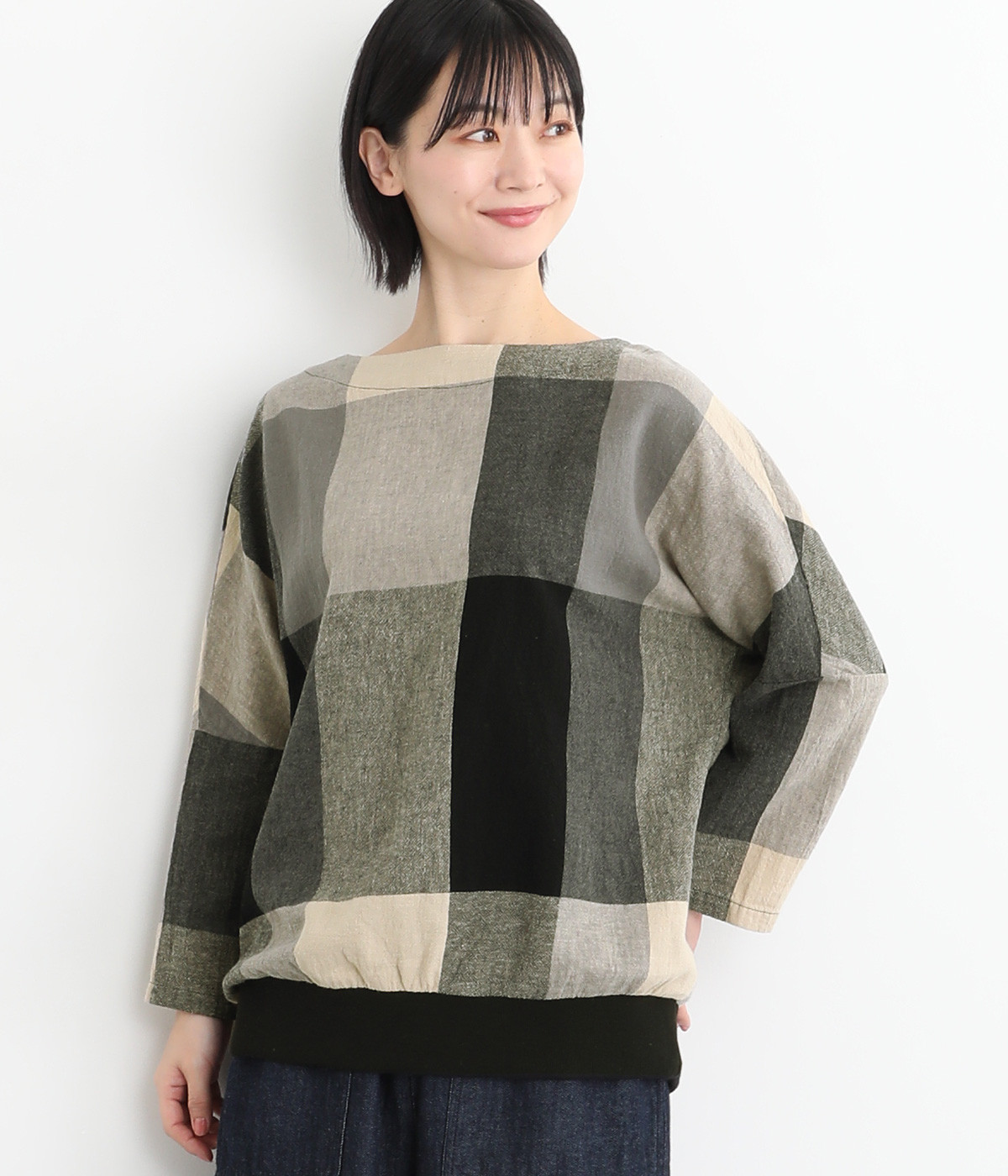 コットンリネンガーゼビッグチェックリブプルオーバー(ブラック-M)