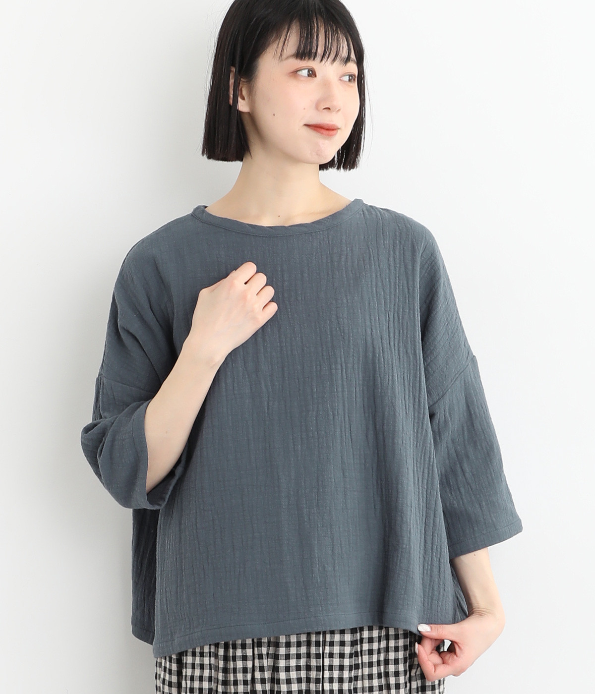 コットンスラブダブルガーゼプルオーバーブラウス(ブルーグレー-ONESIZE)