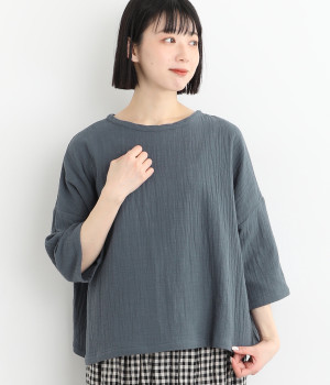 コットンスラブダブルガーゼプルオーバーブラウス(ブルーグレー-ONESIZE)