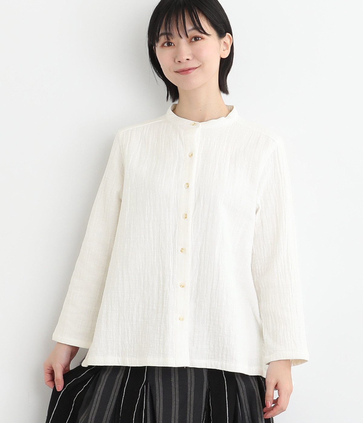 コットンスラブダブルガーゼサイドスリットシャツ(オフホワイト-M)