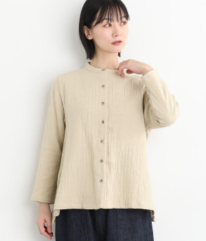 コットンスラブダブルガーゼサイドスリットシャツ(ベージュ-L)