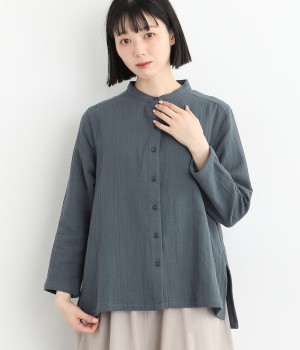 コットンスラブダブルガーゼサイドスリットシャツ(ブルーグレー-L)