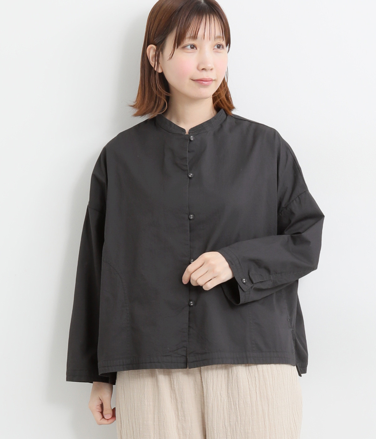 コットンハイカウントチノスタンドカラーシャツ(チャコールグレー-M)