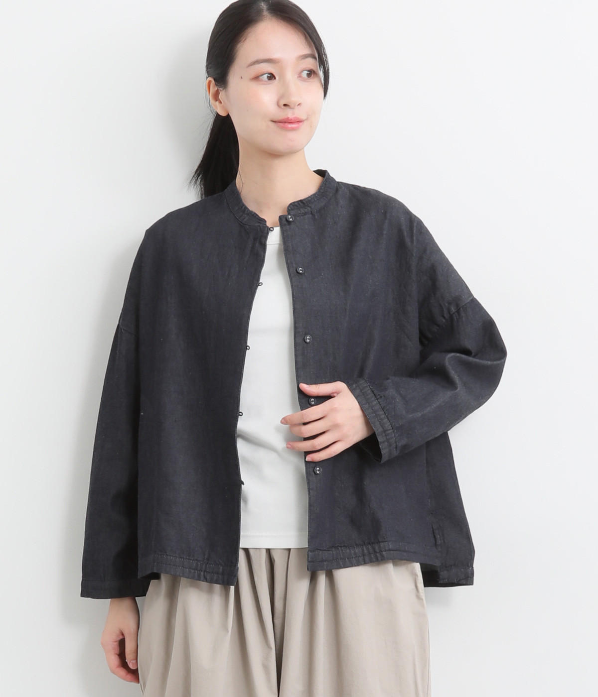 コットン80OZデニムスタンドカラーシャツ(ネイビー-M)