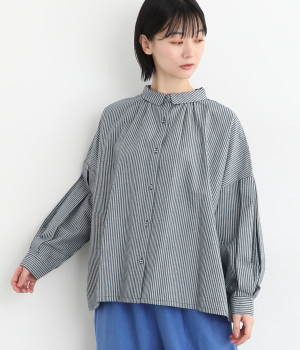 コットンサッカーダブルストライプちび襟シャツ