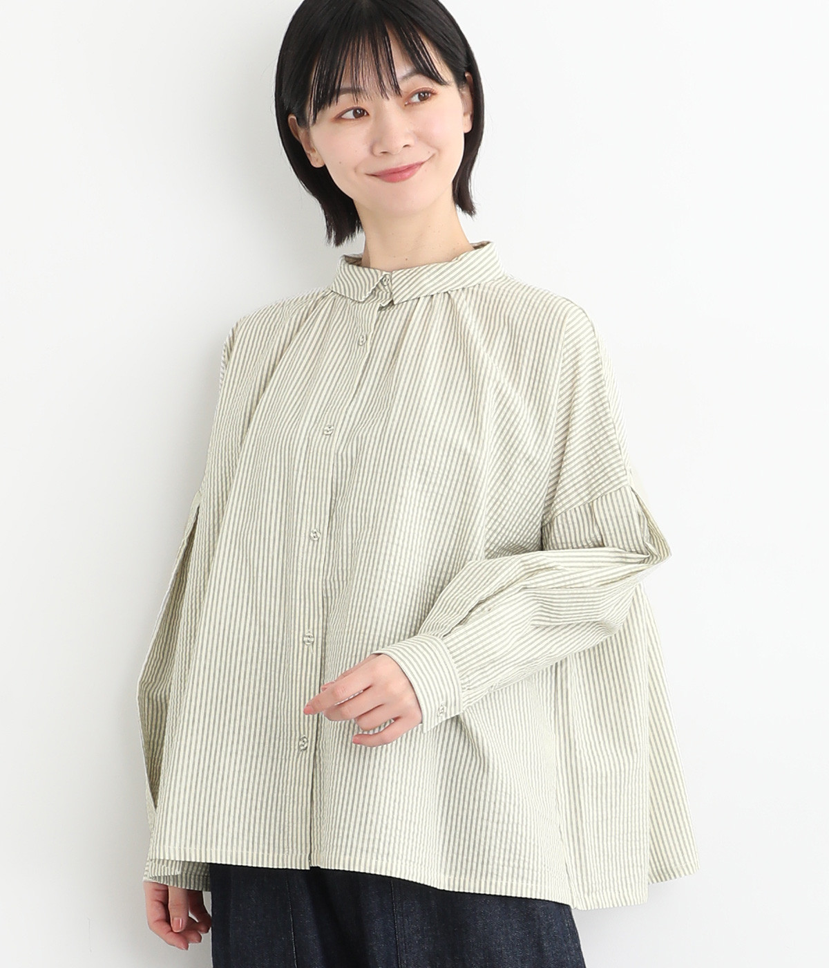 コットンサッカーダブルストライプちび襟シャツ(オフホワイト-L)