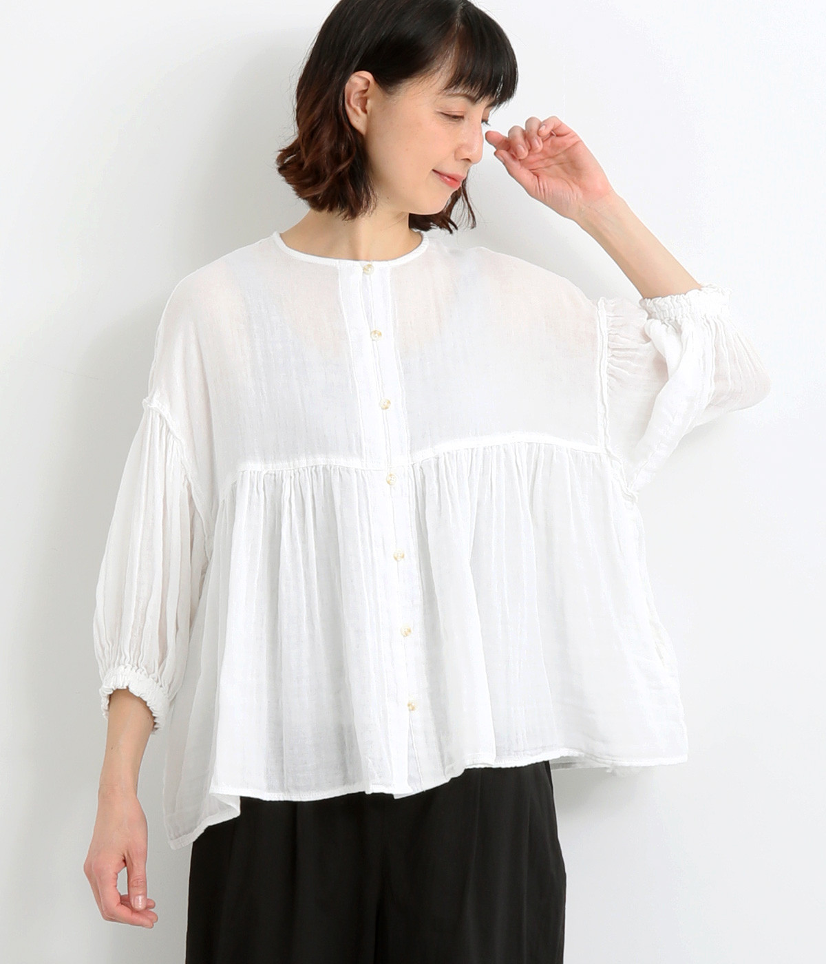 コットンWガーゼバルーンスリーブブラウス(オフ-M)