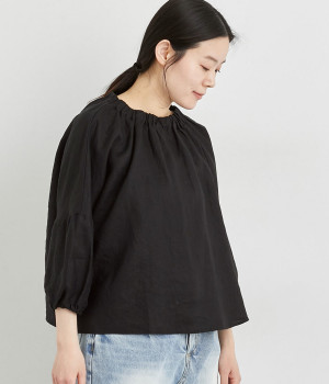 リネンオックスドロップショルダーワイドブラウス(クロ-L)