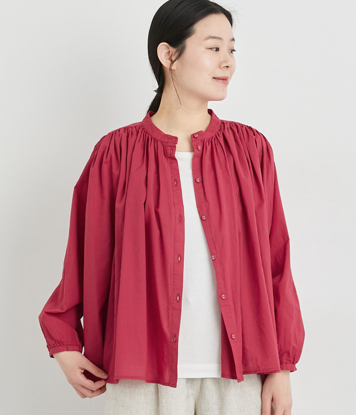コットンローンギャザーフレアブラウス(レッド-ONESIZE)
