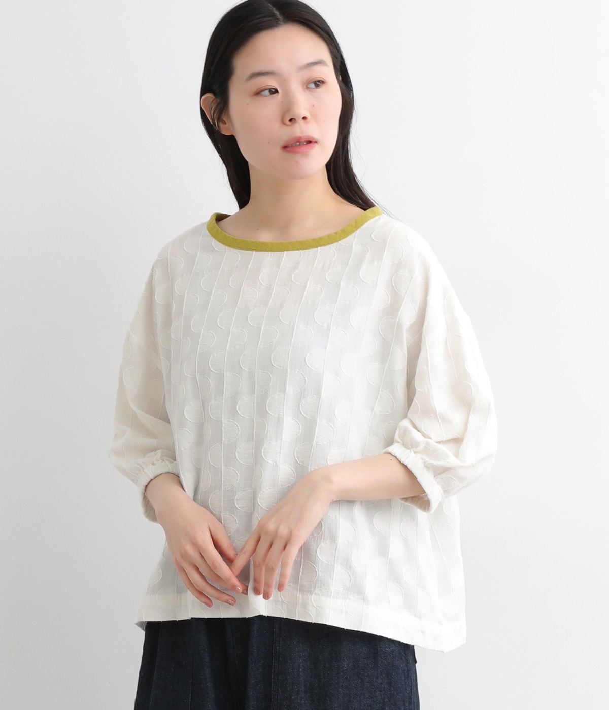 コットンリネンジャカード襟配色ブラウス(ホワイト-ONESIZE)