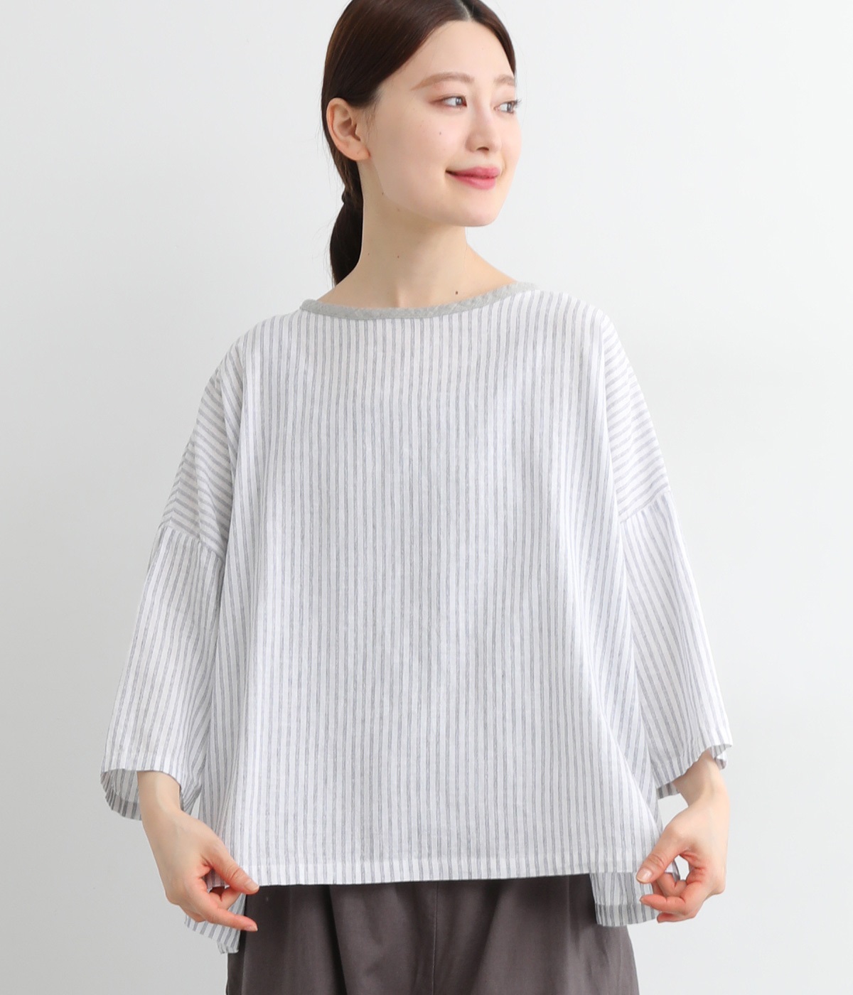 コットンリネンストライププルオーバー(ホワイト-L)
