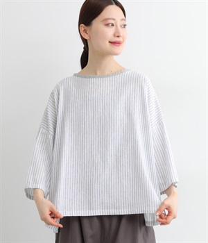 コットンリネンストライププルオーバー(ホワイト-L)