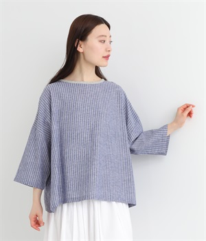 コットンリネンストライププルオーバー(ブルー-L)