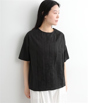コットンリネンオックスフロントタックブラウス(ブラック-L)