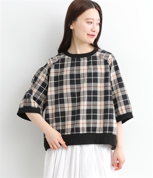 コットンオックスチェックリブ使いシャツ(ベージュ-M)