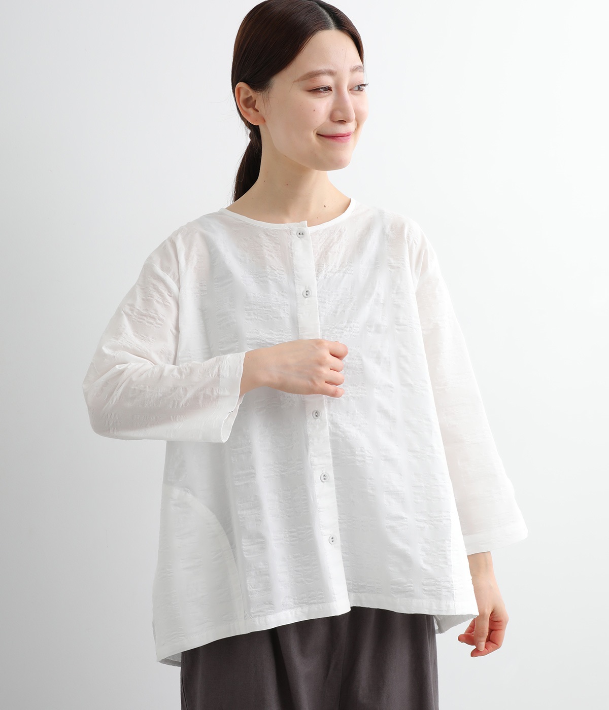 コットンリップルカーディガンブラウス(ホワイト-ONESIZE)