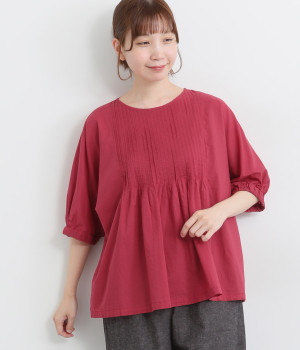 コットンローンピンタックブラウス(レッド-ONESIZE)