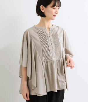 コットンローンピンタック多ボタンブラウス(ライトグレー-M)