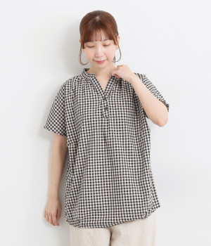 ギンガムヘンリーネックブラウス