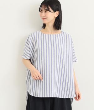 コットンワッシャーストライププルオーバー(ブルー-L)