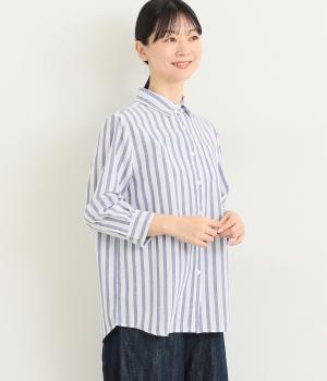コットンワッシャーストライプシャツ(ブルー-M)