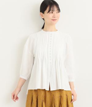 コットンスラブピンタックブラウス(ホワイト-L)
