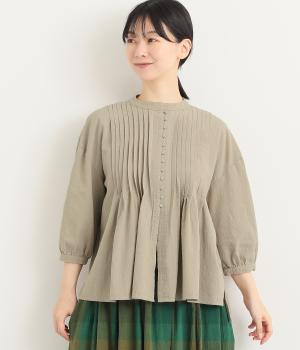 コットンスラブピンタックブラウス(グレージュ-L)