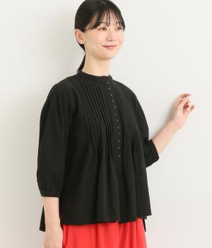 コットンスラブピンタックブラウス(ブラック-L)