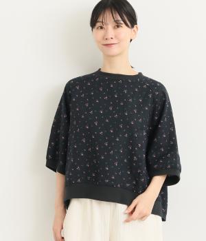 リネン小花プリントリブカットソー(ネイビー-M)