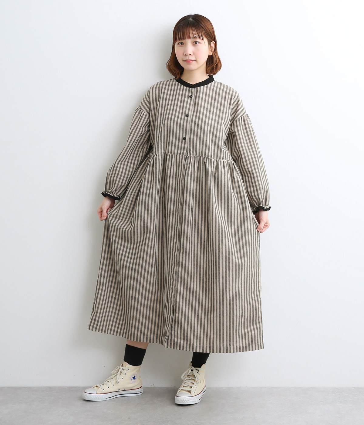 コットンリネン混ストライプ切り替え配色ワンピース(ベージュ-M)