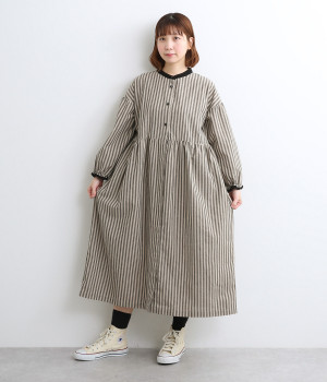 コットンリネン混ストライプ切り替え配色ワンピース(ベージュ-M)