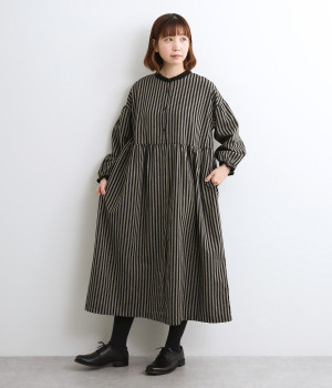 コットンリネン混ストライプ切り替え配色ワンピース(ブラック-L)