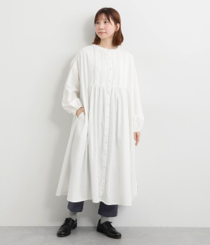 コットン15番ワッシャーピンタックバンドカラーワンピース(オフホワイト-L)