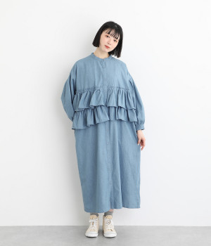 コットンリネンデニムフリルデザインワンピース(ブルー-L)