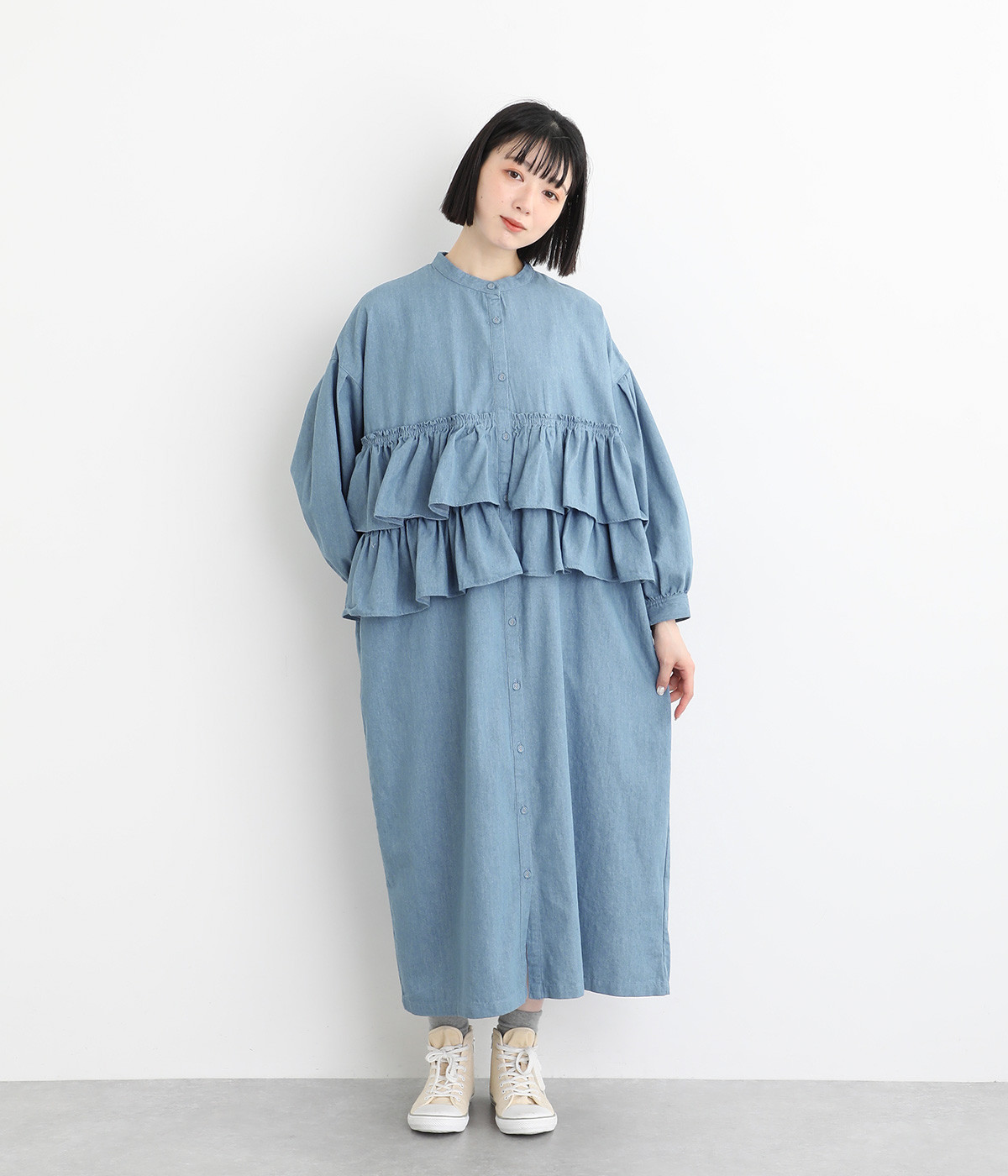 コットンリネンデニムフリルデザインワンピース(ブルー-M)