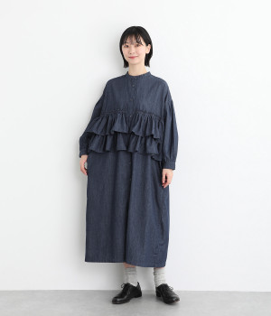 コットンリネンデニムフリルデザインワンピース(ネイビー-L)