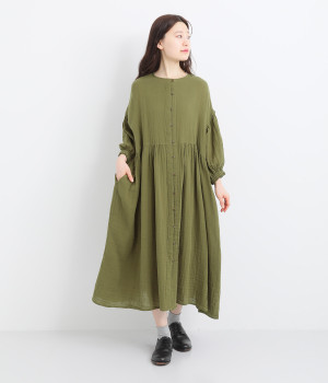 コットンWガーゼバルーンスリーブワンピース(カーキ-M)