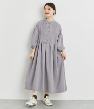 コットンワッシャーチャイナボタンピンタックワンピース(グレー-L)