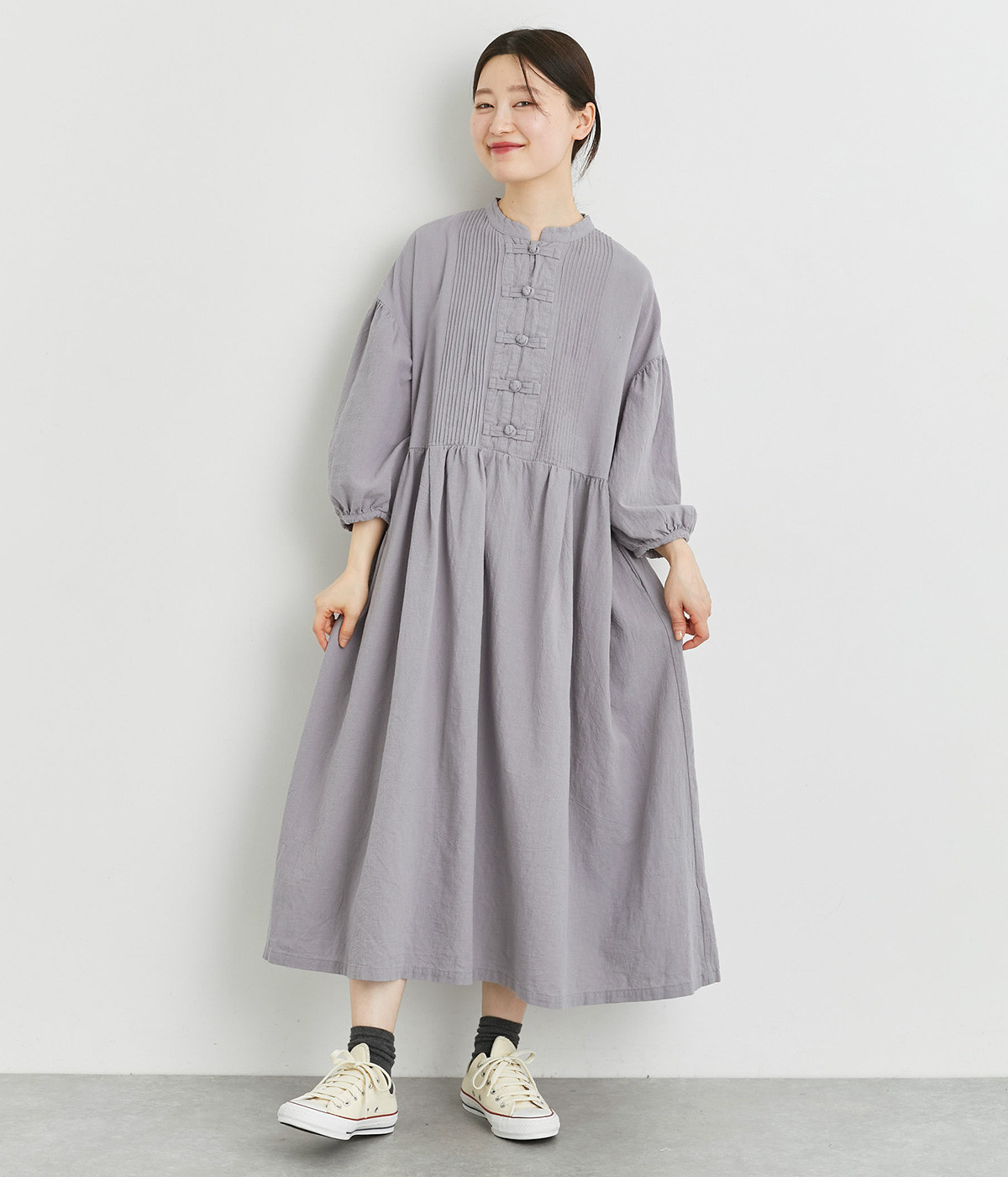 コットンワッシャーチャイナボタンピンタックワンピース(グレー-M)