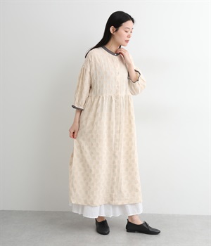 コットンリネンジャカード襟配色ワンピース