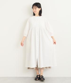 コットンスラブピンタックワンピース(ホワイト-L)