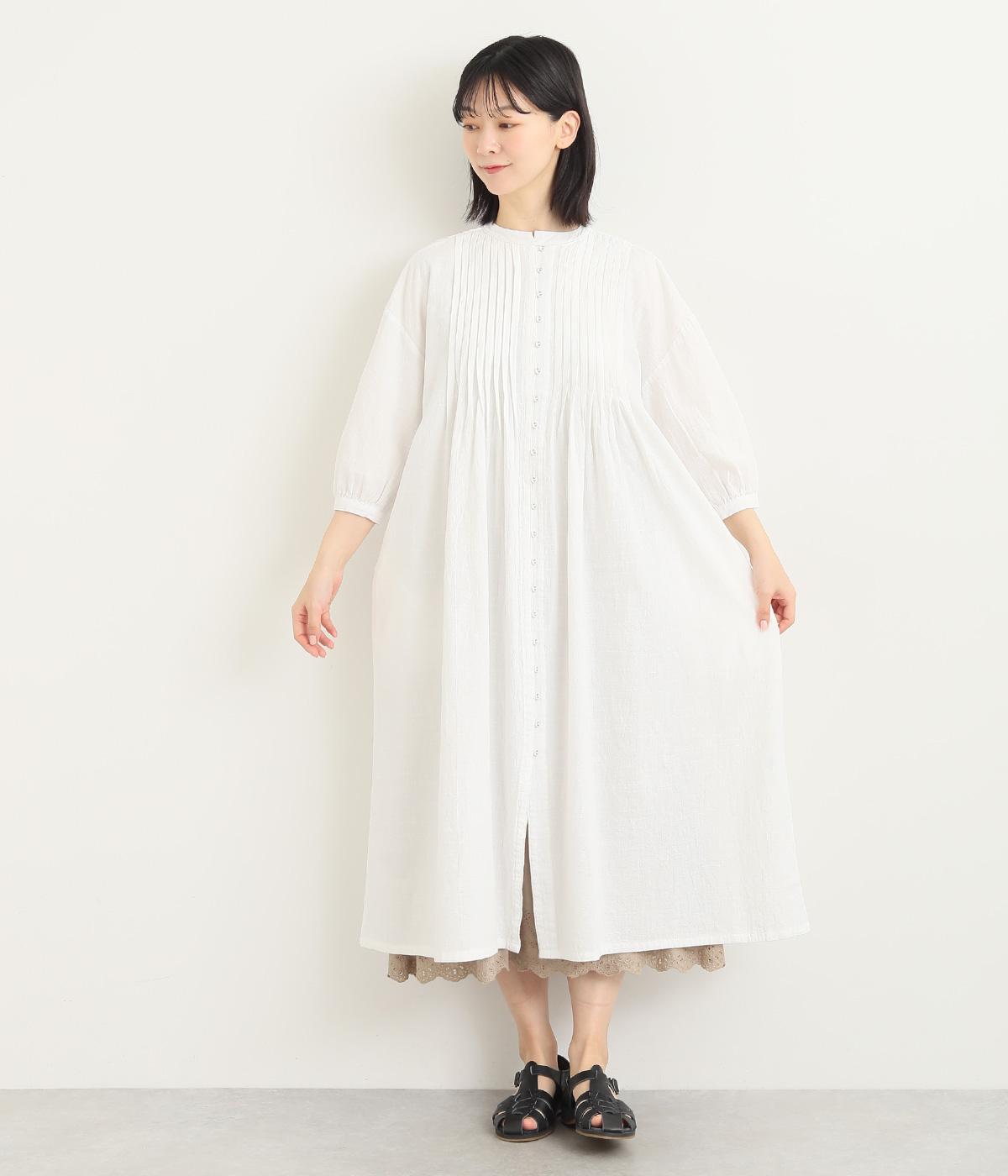 コットンスラブピンタックワンピース(ホワイト-M)