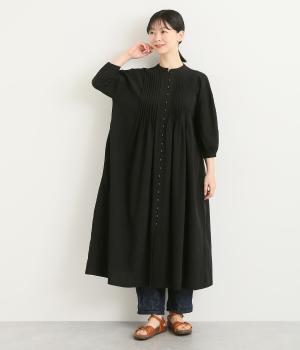 コットンスラブピンタックワンピース(ブラック-L)