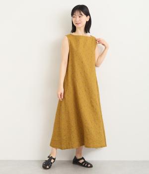 リネン小花プリントノースリーブワンピース(マスタード-M)